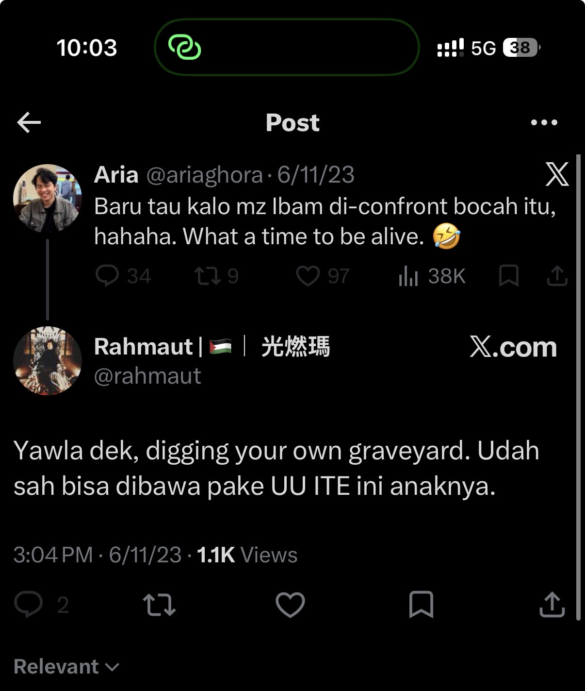 Reply by @rahmaut dated 6/11/23 beneath a post about Ibam being "confronted"