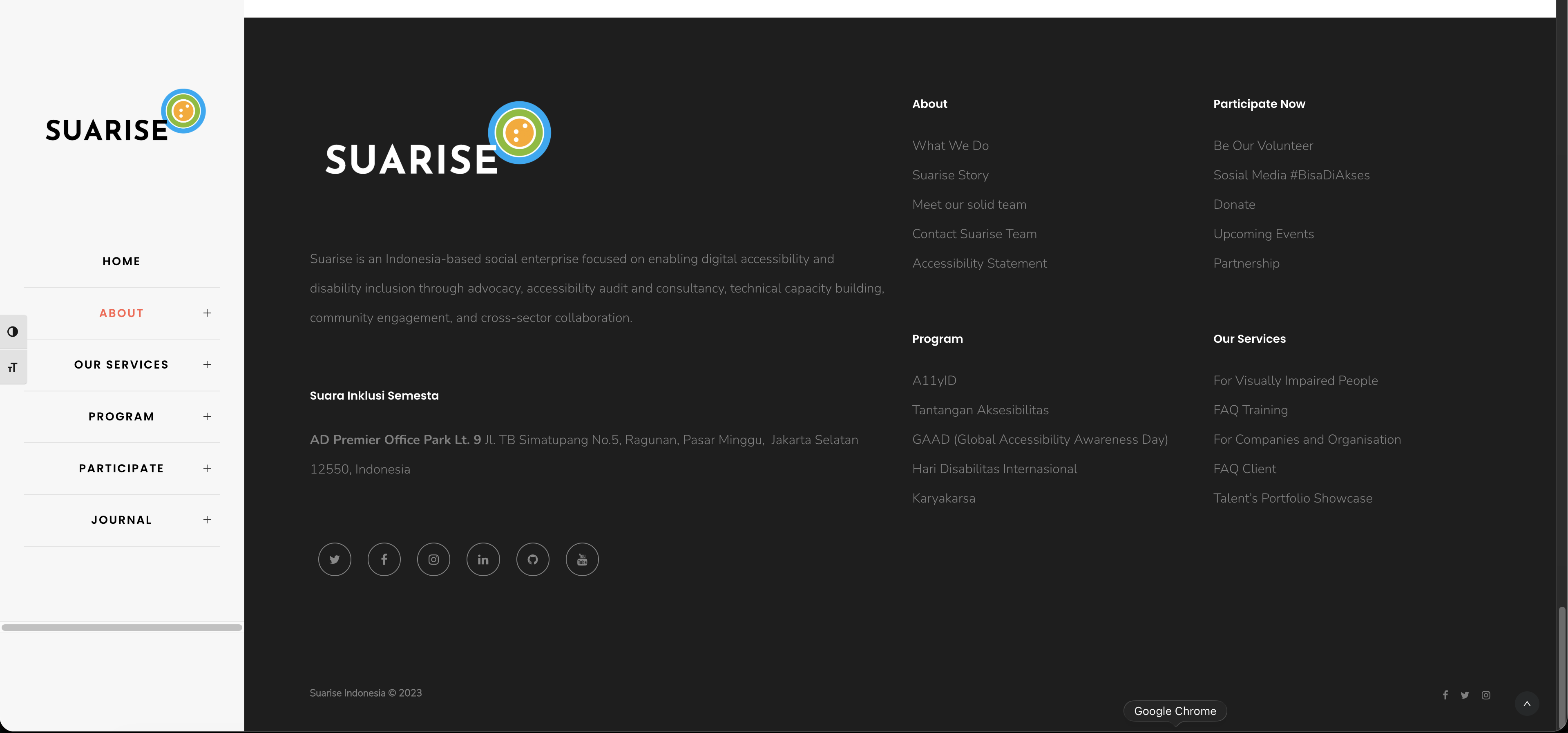 Suarise footer: an Indonesia-based social enterprise for digital accessibility and disability inclusion, with programmes and services listed