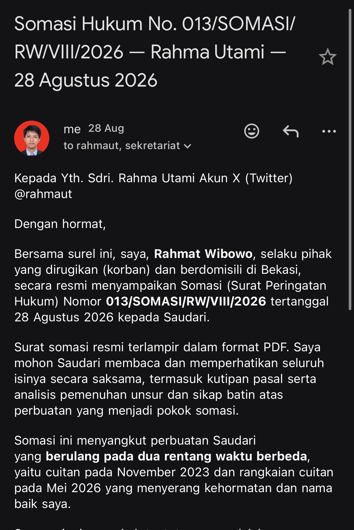 Email from me to @rahmaut and a secretariat address, subject "Somasi Hukum No. 013/SOMASI/RW/VIII/2026 — Rahma Utami — 28 Agustus 2026"
