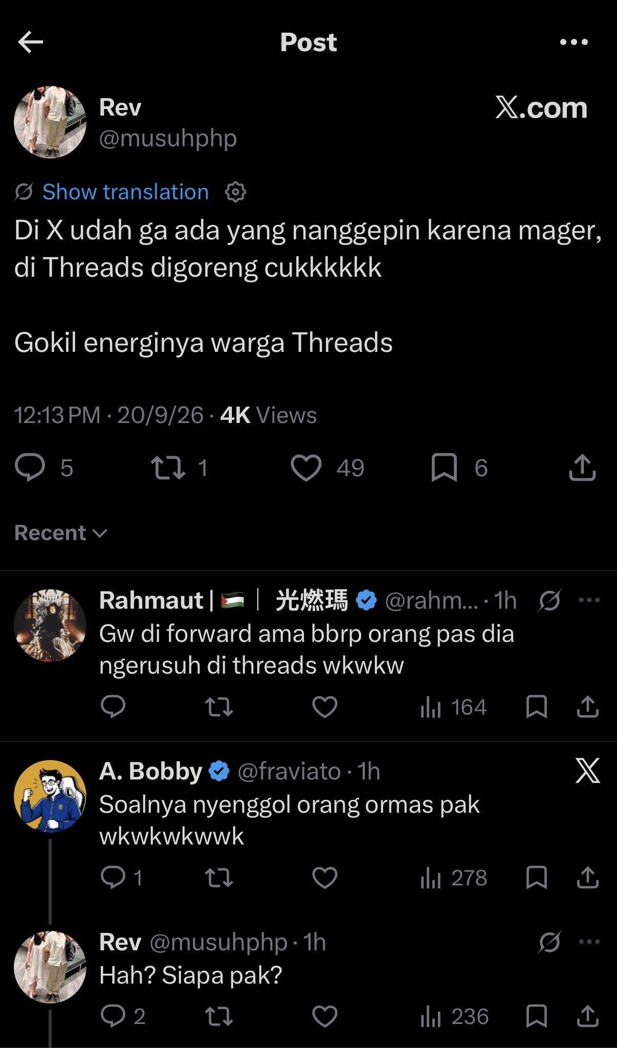 Reply by @rahmaut beneath a post about people on Threads, with other replies