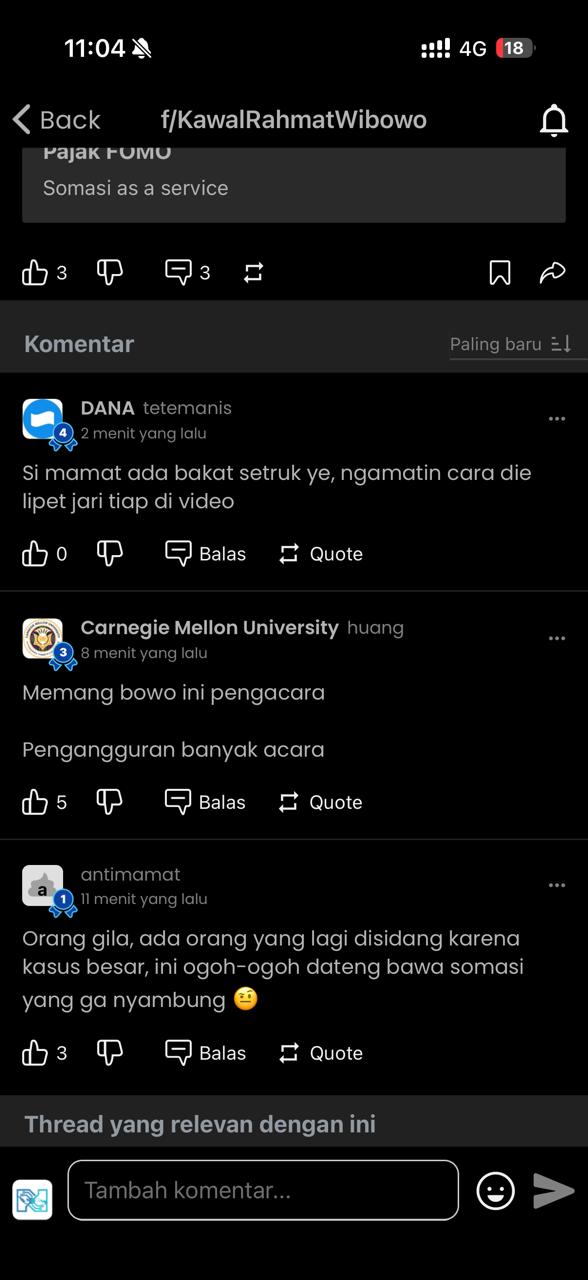 Evidence B-2: the second forum comment from the same account, replying to "FOMO Tax: Somasi as a Service"