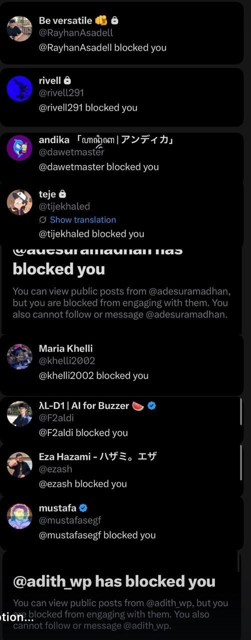 Evidence E-3: a "blocked you" list showing @khelli2002 among classmates' accounts that blocked me
