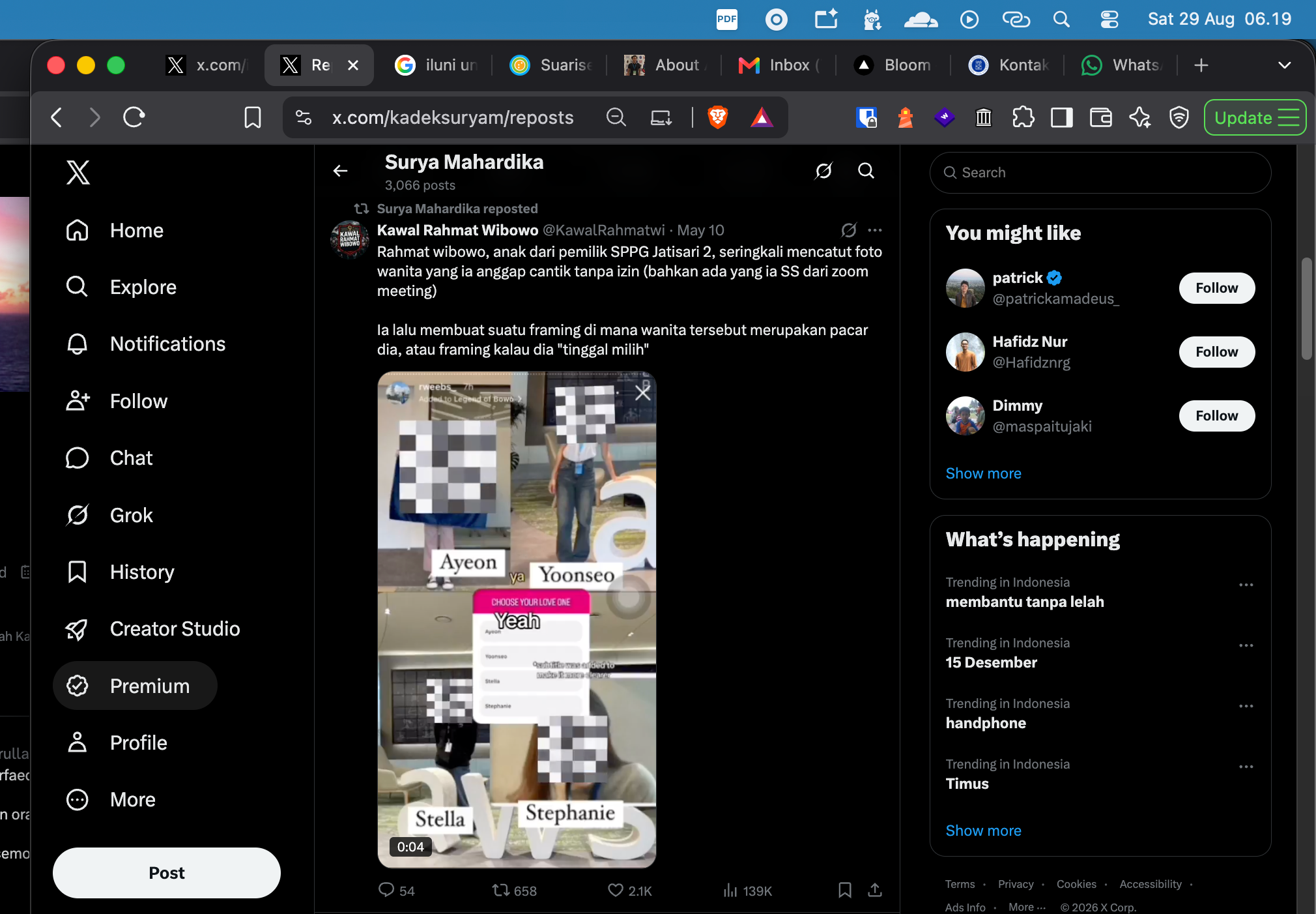 Evidence E-3: the "Reposts" page of @kadeksuryam showing the May 2026 re-post
