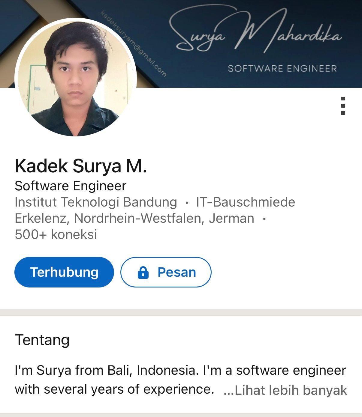 Evidence E-4: professional profile of Kadek Surya M., Software Engineer, Institut Teknologi Bandung