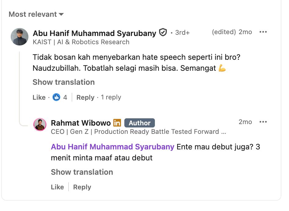 Screenshot of the comment "Aren't you tired of spreading hate speech like this, bro?" with 4 likes, and my reply, documented as Evidence E-2
