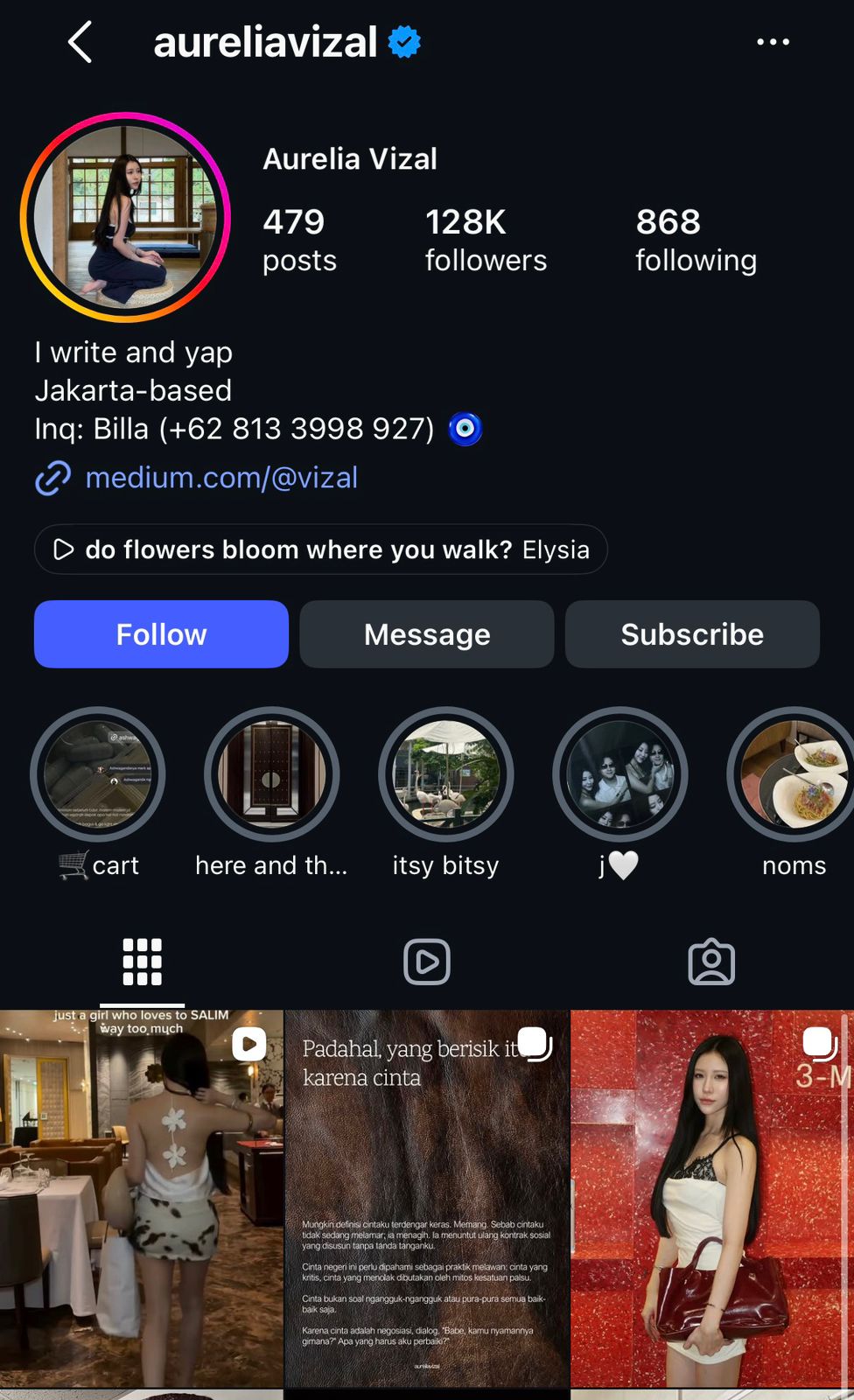 Screenshot of the Instagram profile @aureliavizal, verified, about 128,000 followers