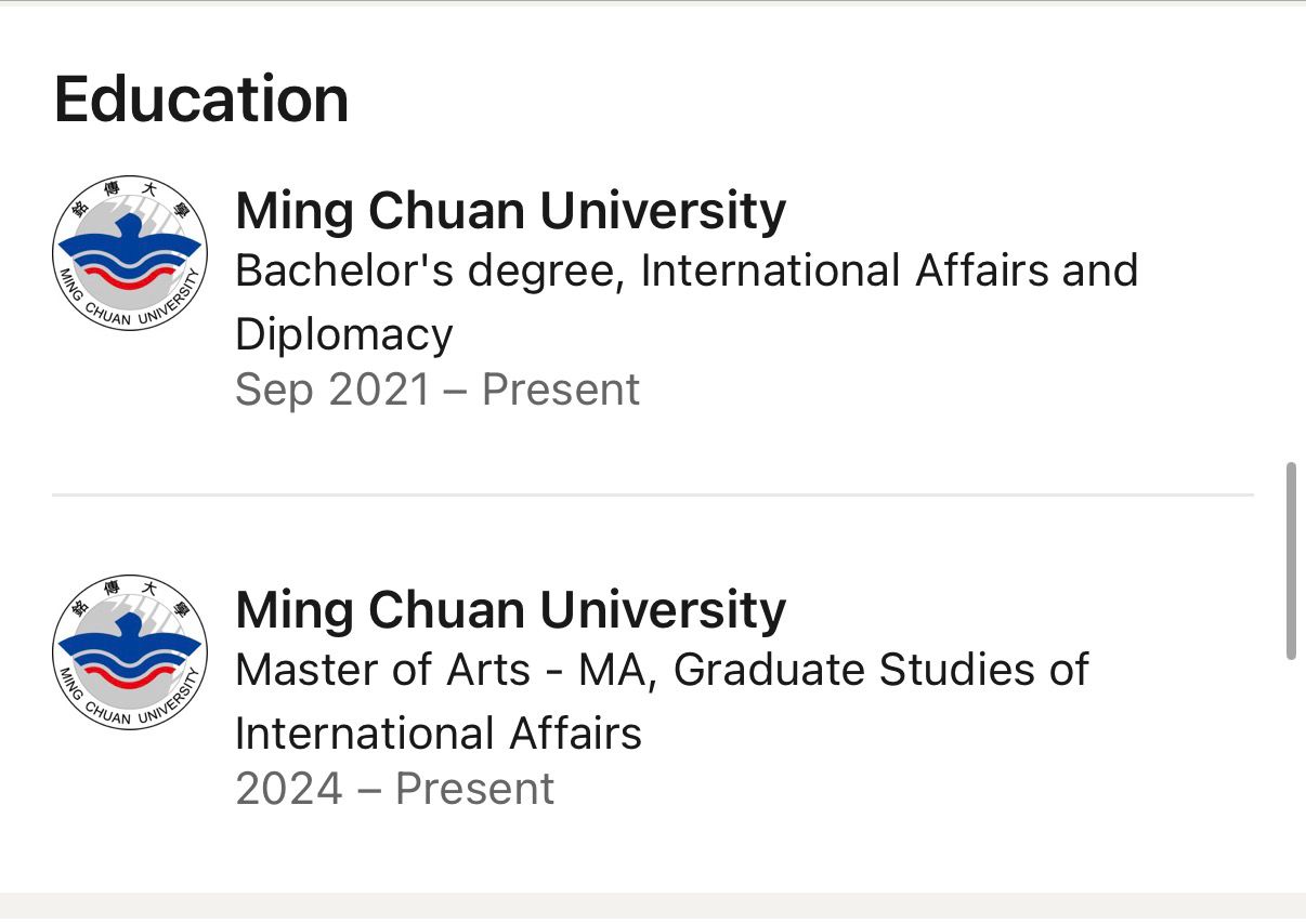 Screenshot of the education section of a professional profile in the name of Aurelia Vizal, listing Ming Chuan University, Taiwan