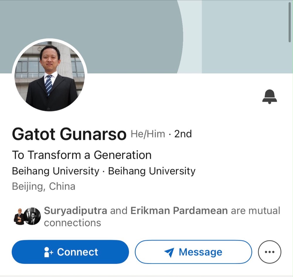 Public-profile capture naming Gatot Gunarso and Beihang University; identity and affiliation remain subject to verification