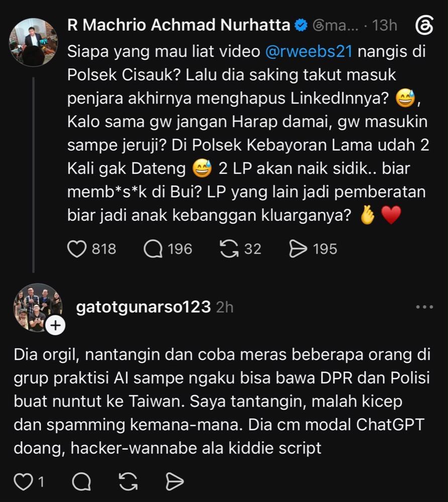 Screenshot attributed in the source record to the Threads account @gatotgunarso123