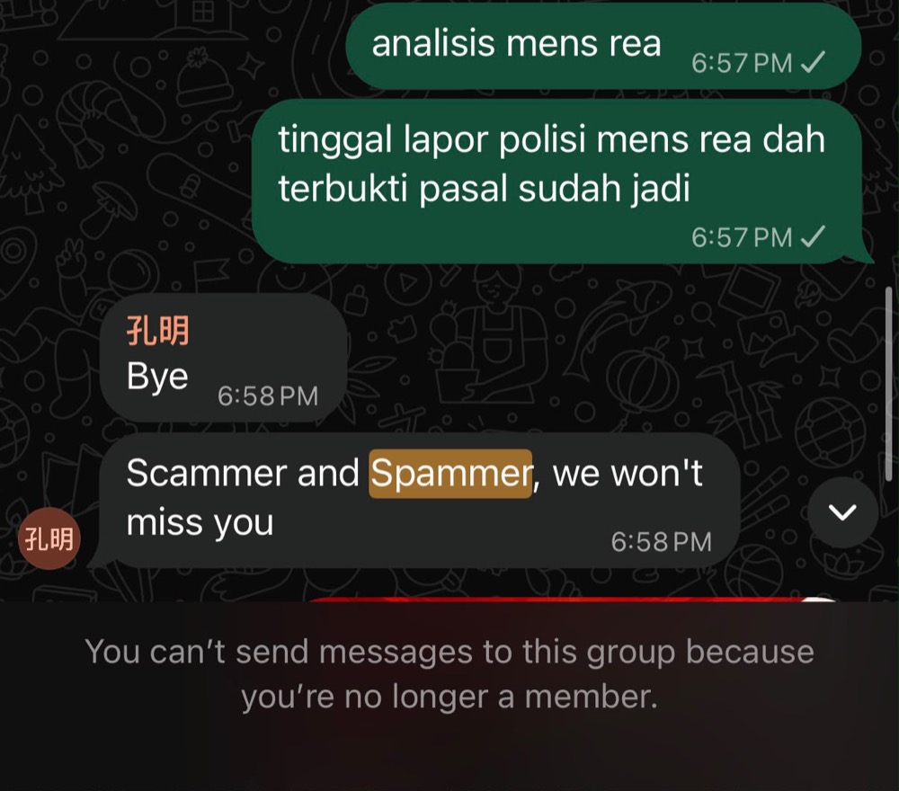 WhatsApp capture showing “Scammer and Spammer, we won't miss you” and a group-removal notice