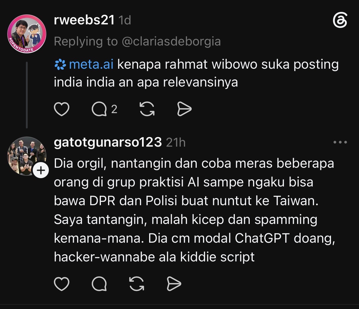 Threads exhibit 18: repeated allegation under an AI-related reply