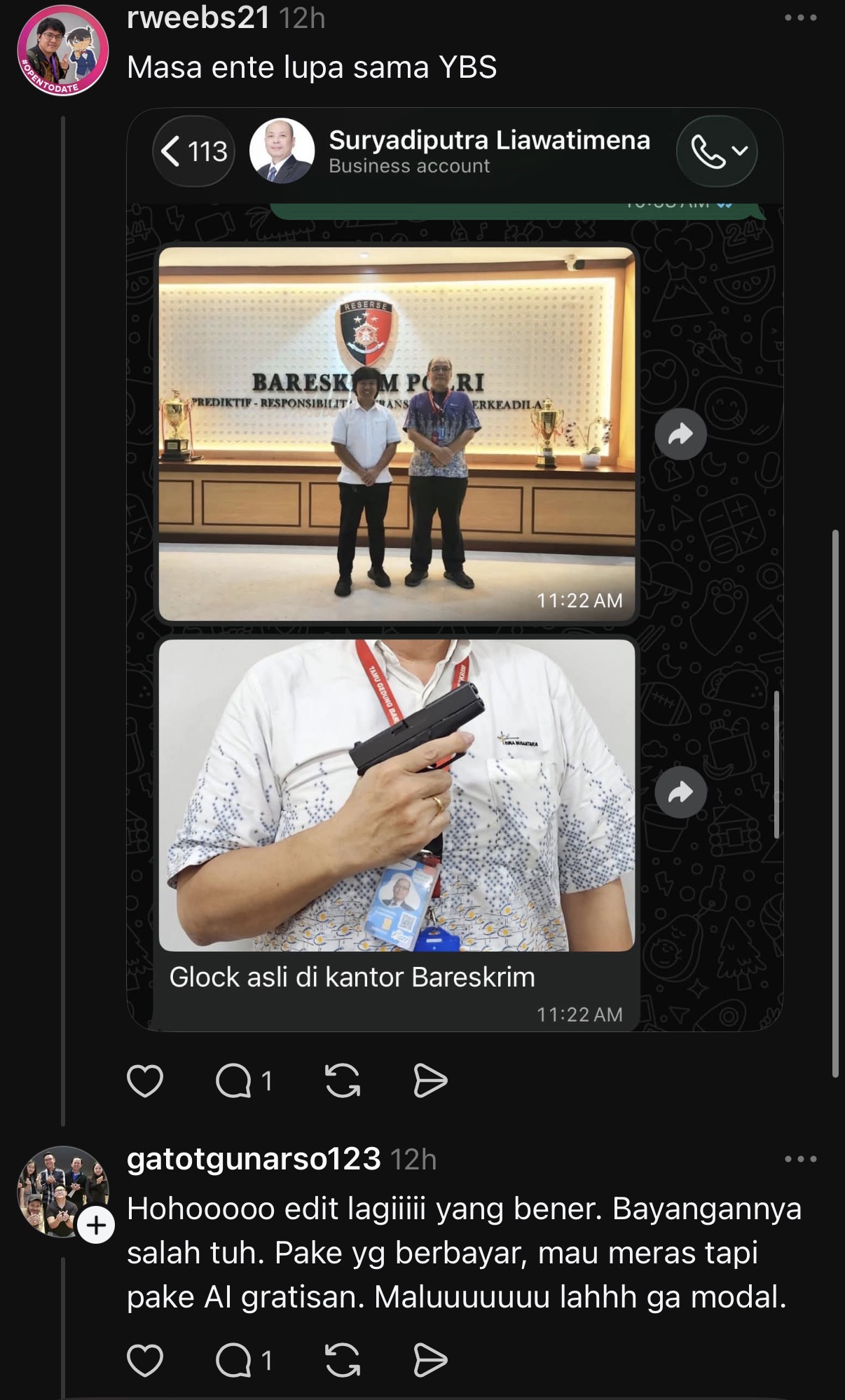 Threads exhibit 24: Bareskrim image, gun claim, and paid-AI response