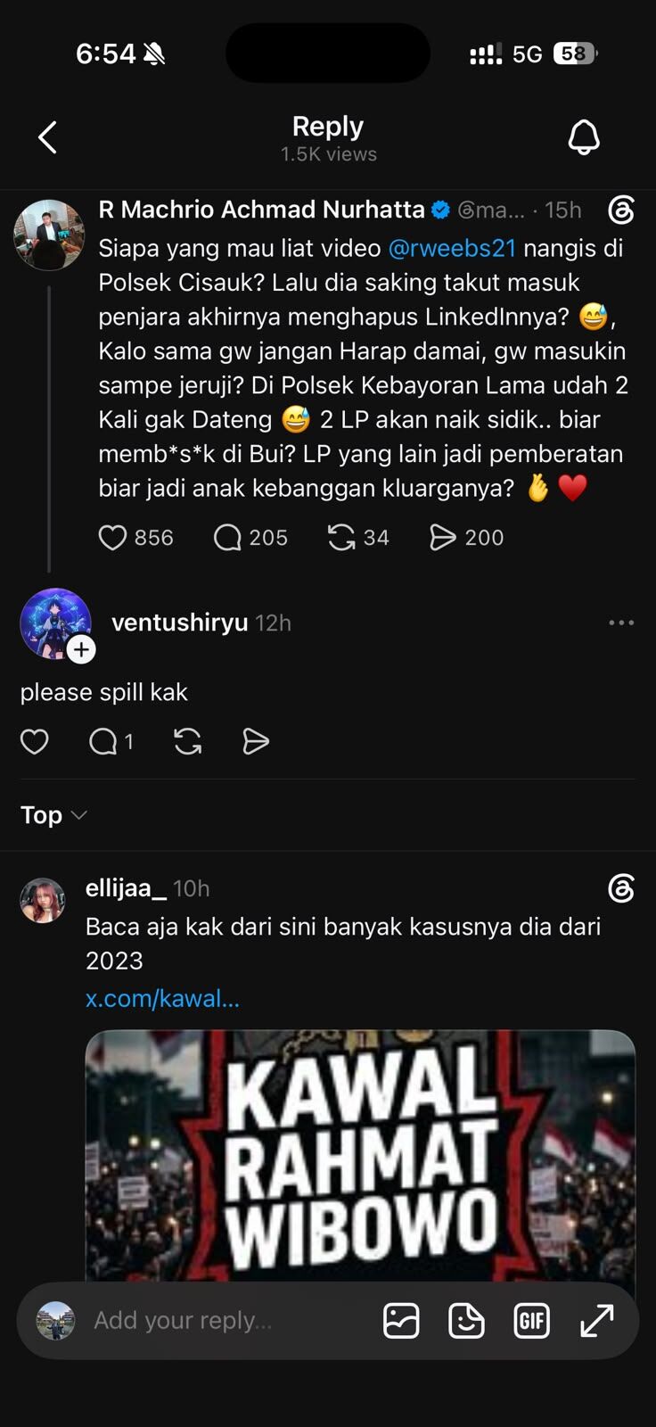 Evidence A-1: a Threads reply from the account @ellijaa_ under a post that discussed my account