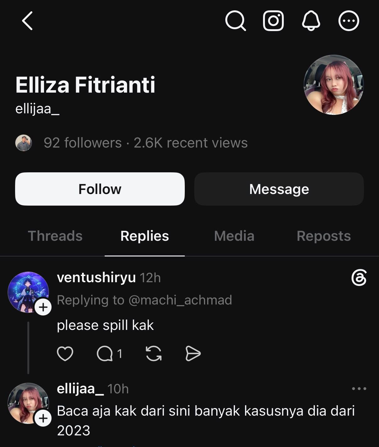 Evidence A-2: the Threads profile of @ellijaa_, replies tab, showing the same reply