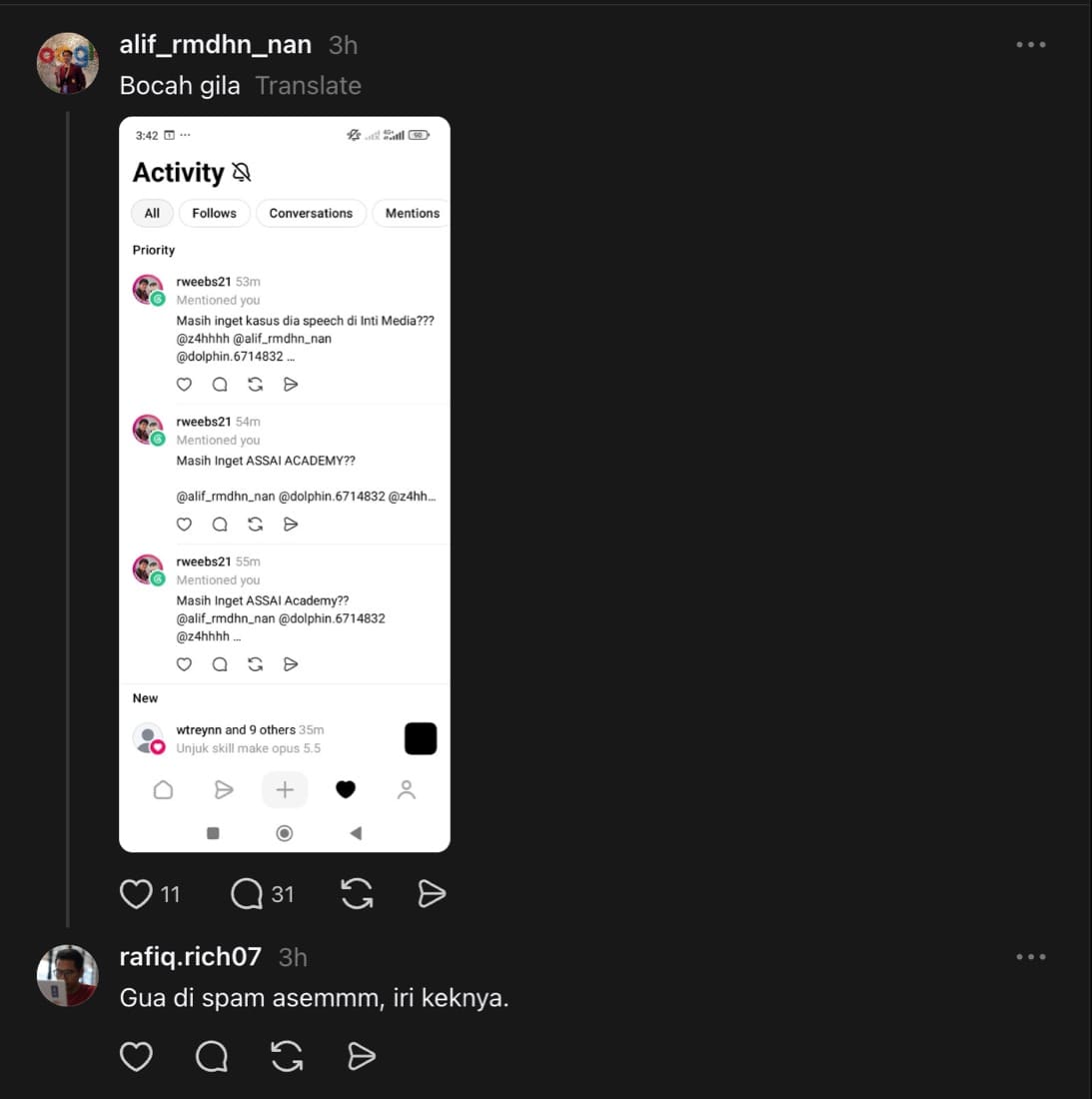 Evidence A-2: a thread containing a screenshot of an Activity notification with a mention from my account, and the reply from @rafiq.rich07