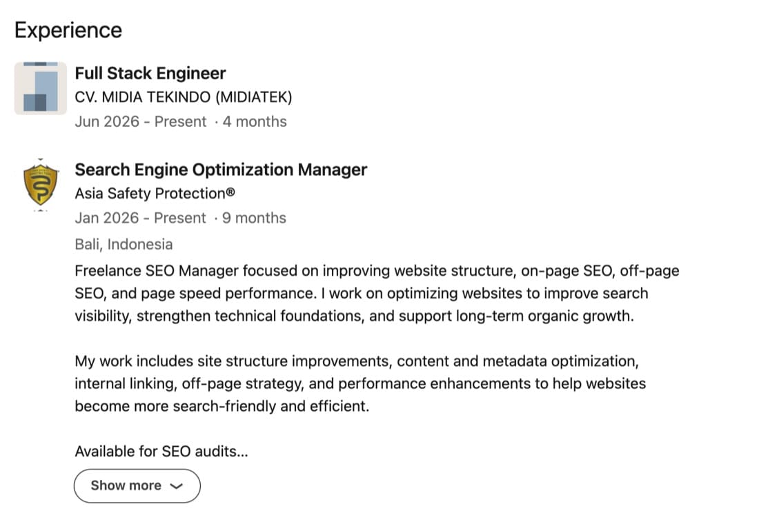 Evidence C-2: the work experience section of the same public LinkedIn profile