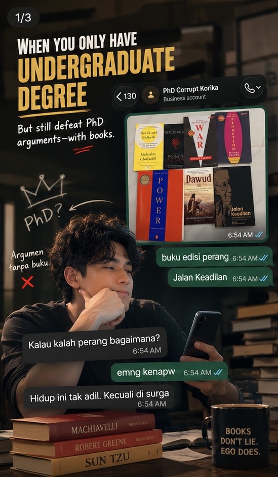 Composite poster reading “Books don't lie. Ego does” beside excerpts from the supplied chat