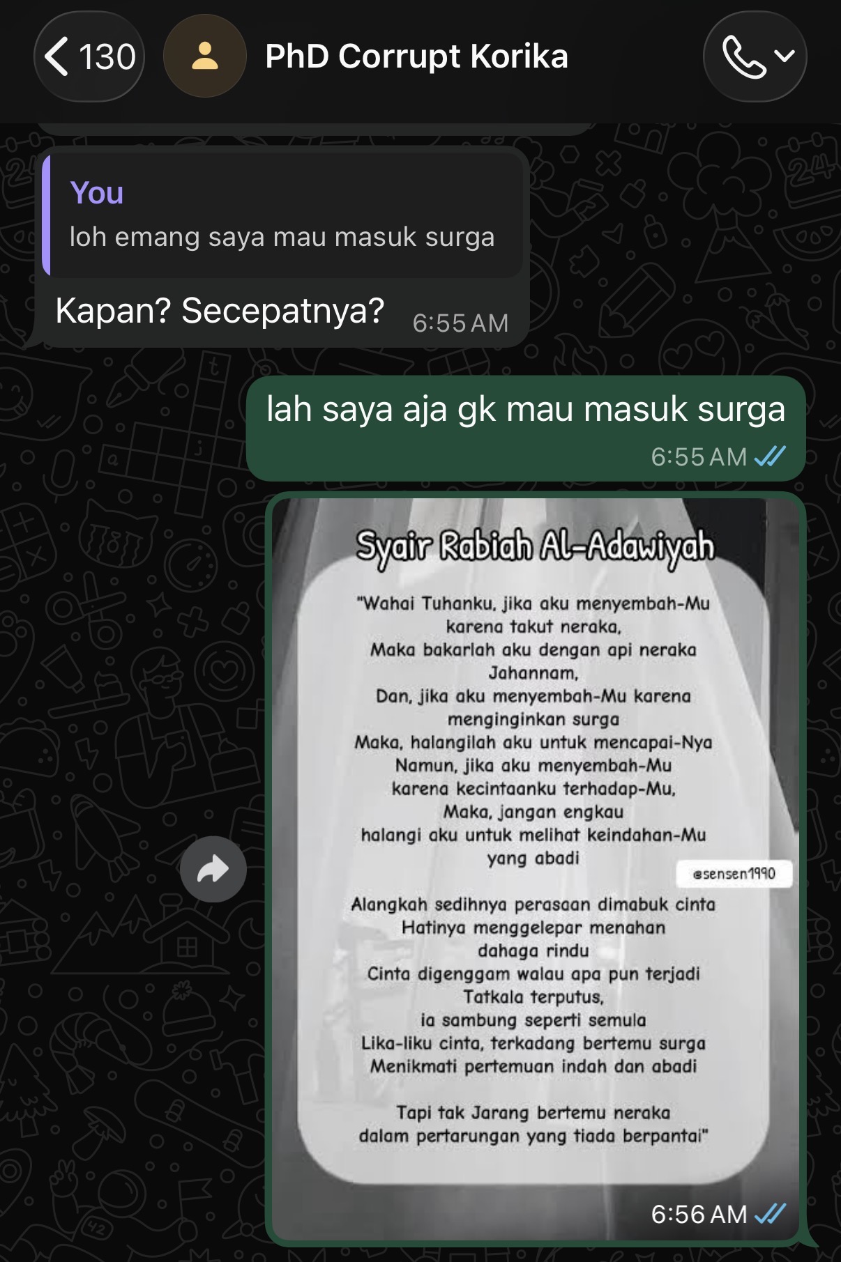 Chat with Rabi'a al-Adawiyya quotation about worship and love