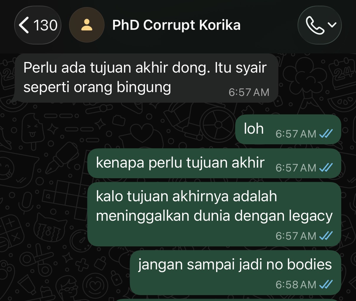 Chat debating final purpose and legacy