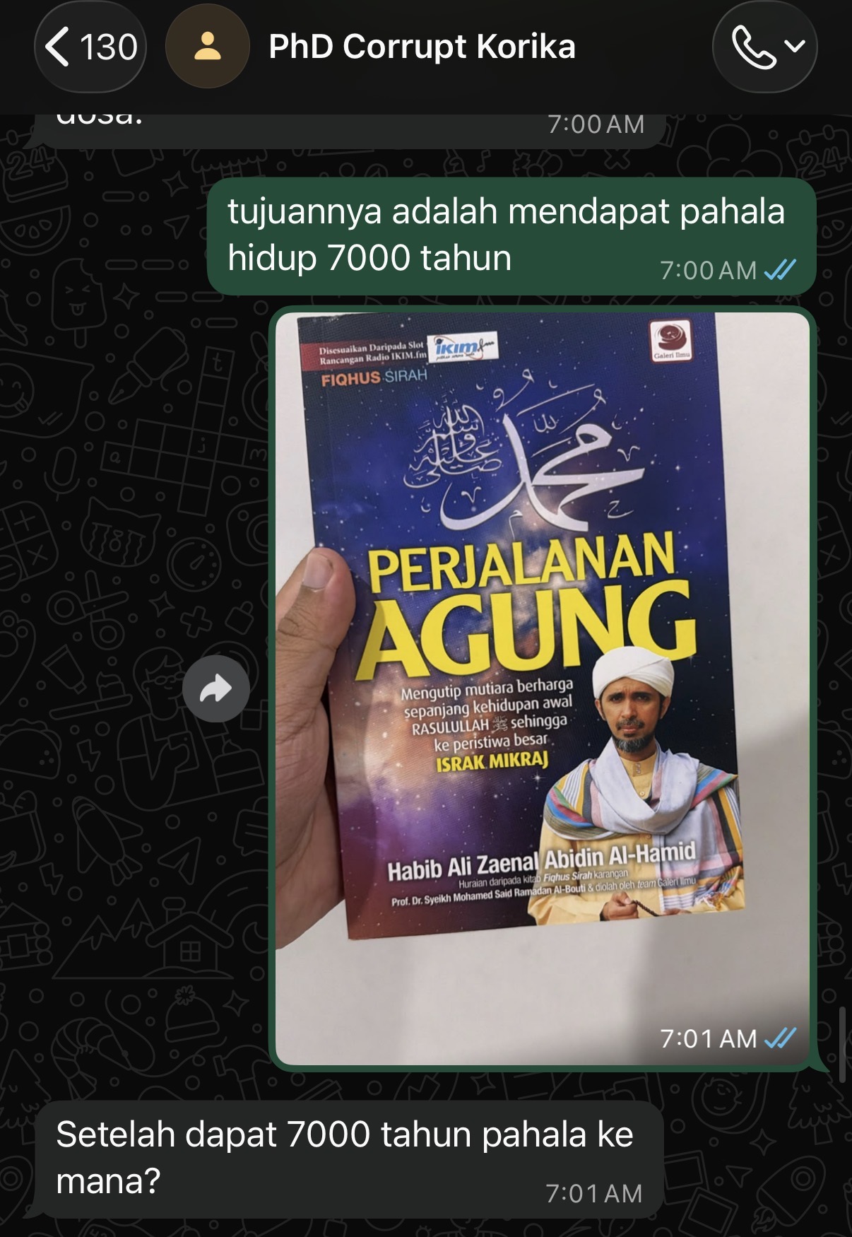 Chat mentioning 7,000 years of reward and a book on life's value