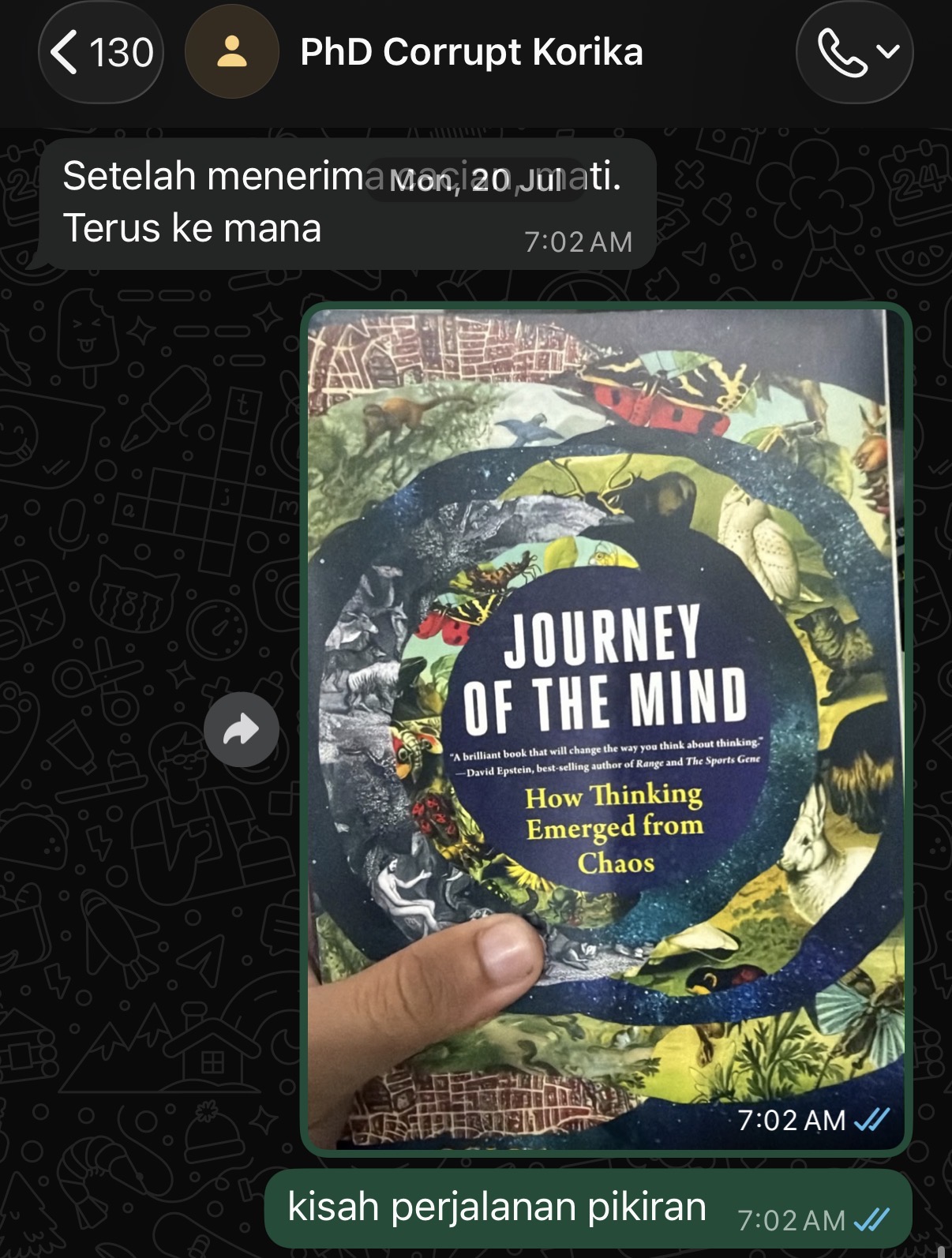 Chat about continued destination and a book on the history of thought