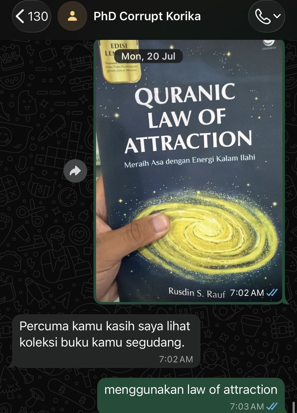 Chat dismissing a large book collection and invoking law of attraction
