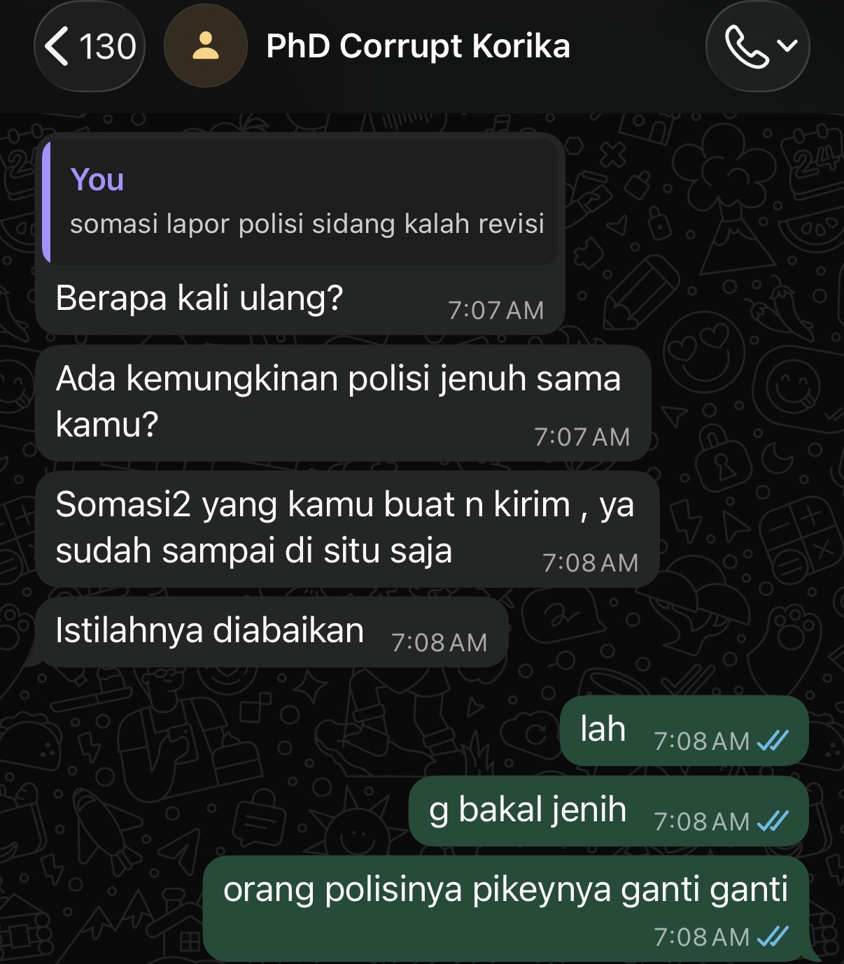 Chat speculating that police may tire of repeated notices