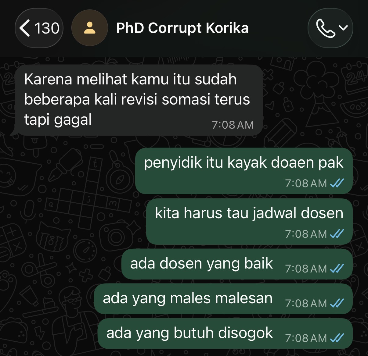 Chat comparing investigators with lecturers and mentioning bribery