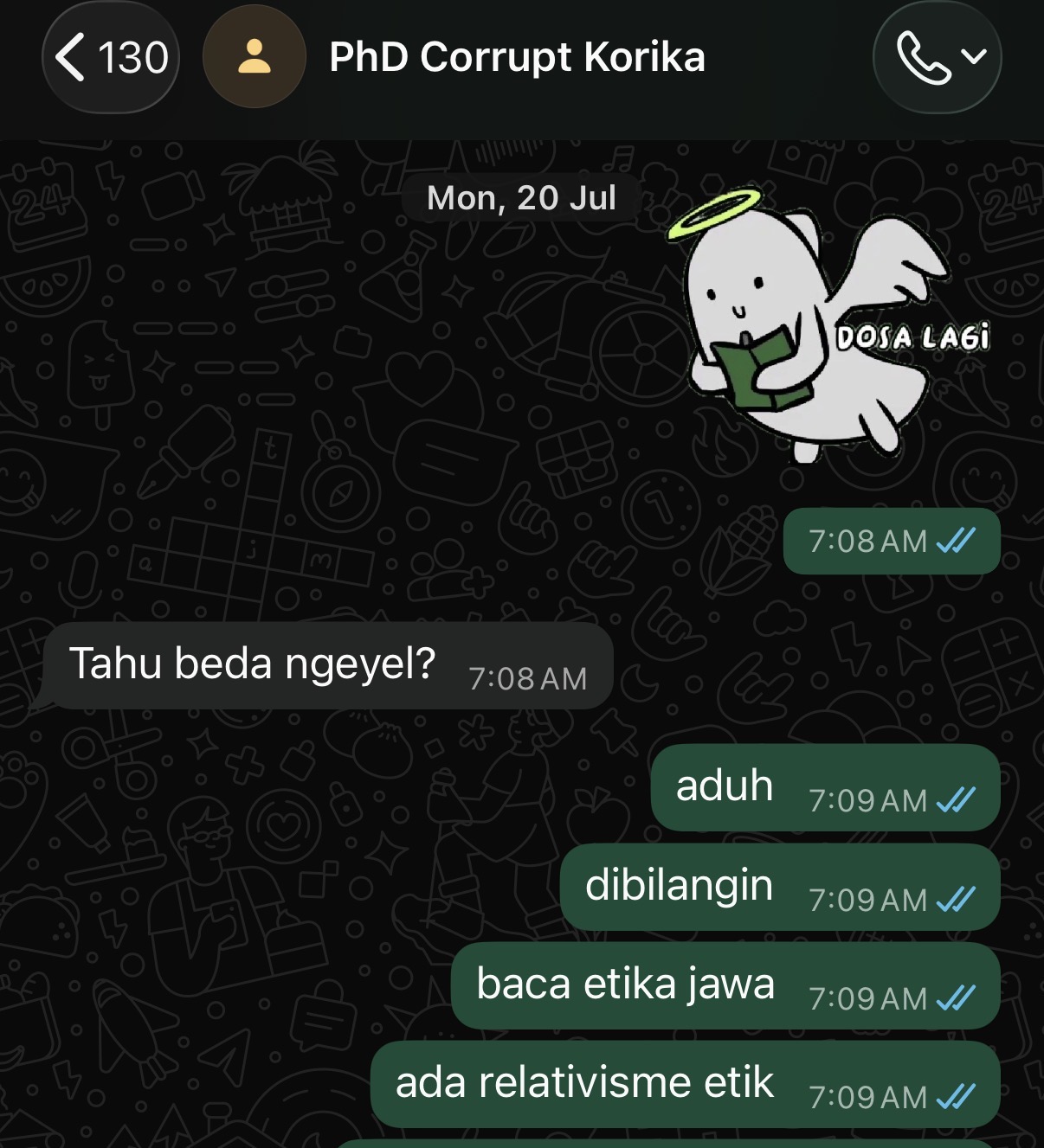 Chat invoking sin, stubbornness, Javanese ethics, and ethical relativism