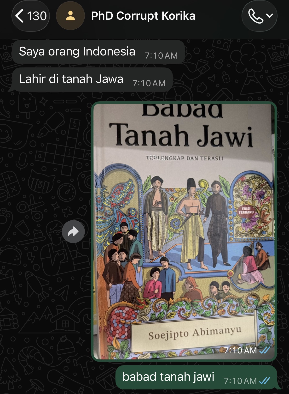 Chat asserting Indonesian and Javanese identity beside Babad Tanah Jawi