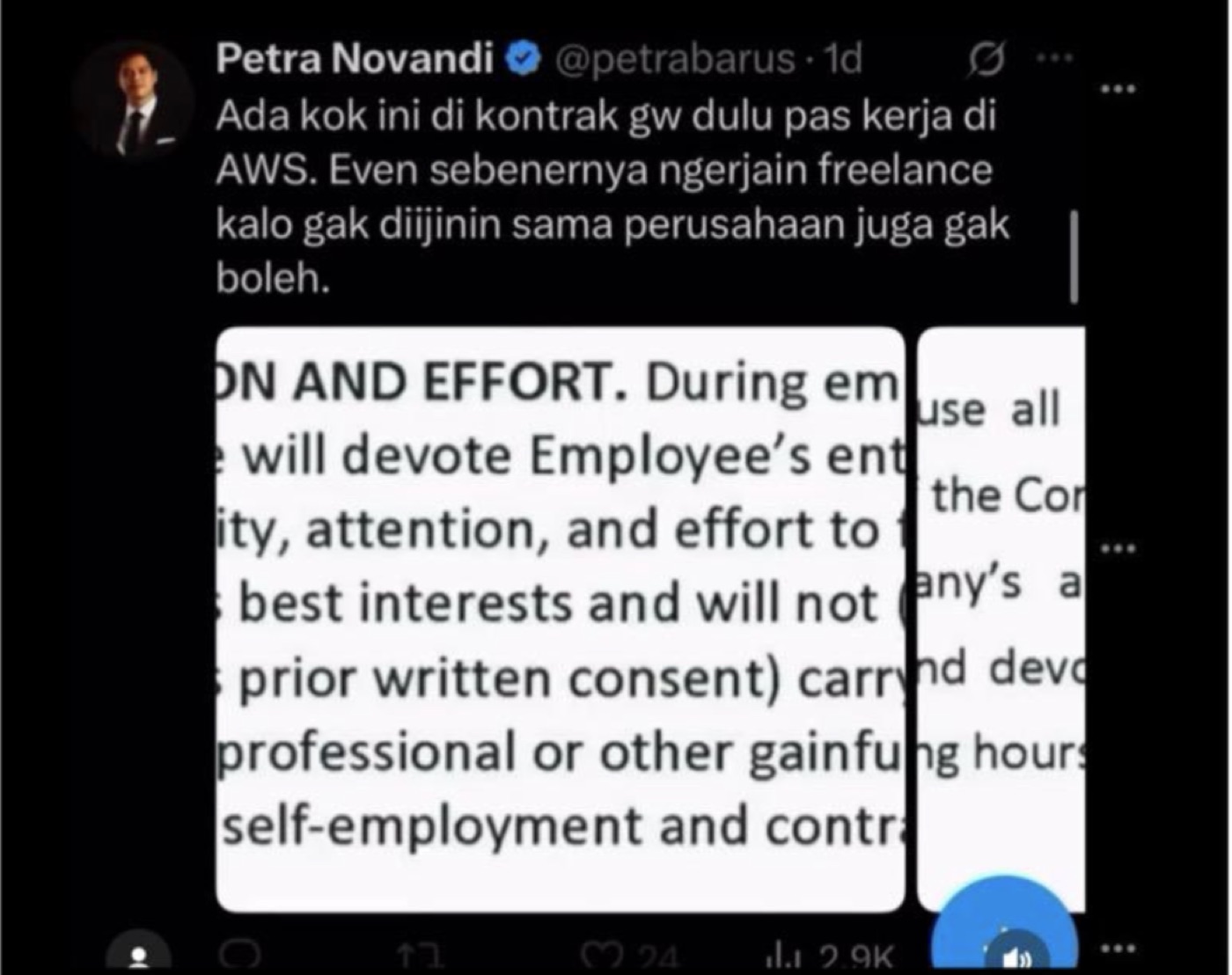 A post by Petra Novandi about a clause in his own AWS employment contract