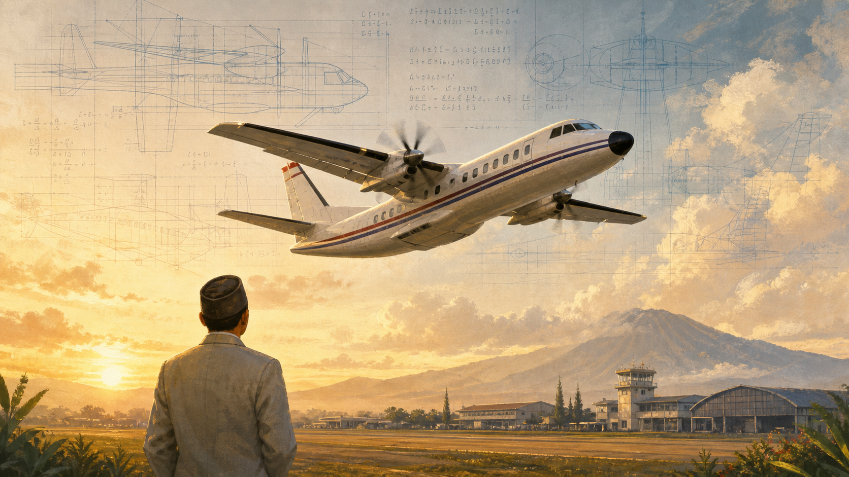 Commemorative illustration of Indonesia's twin-turboprop aerospace dream taking flight above Bandung