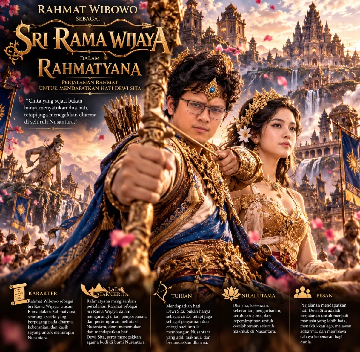 Ilustrasi Rahmat Wibowo sebagai Sri Rama Wijaya yang menarik busur di samping tokoh Dewi Sita, dengan istana emas di latar